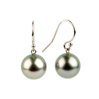 Shimmery Pink-Green Tahitian Pearl Dangle Earrings on 14K White Gold