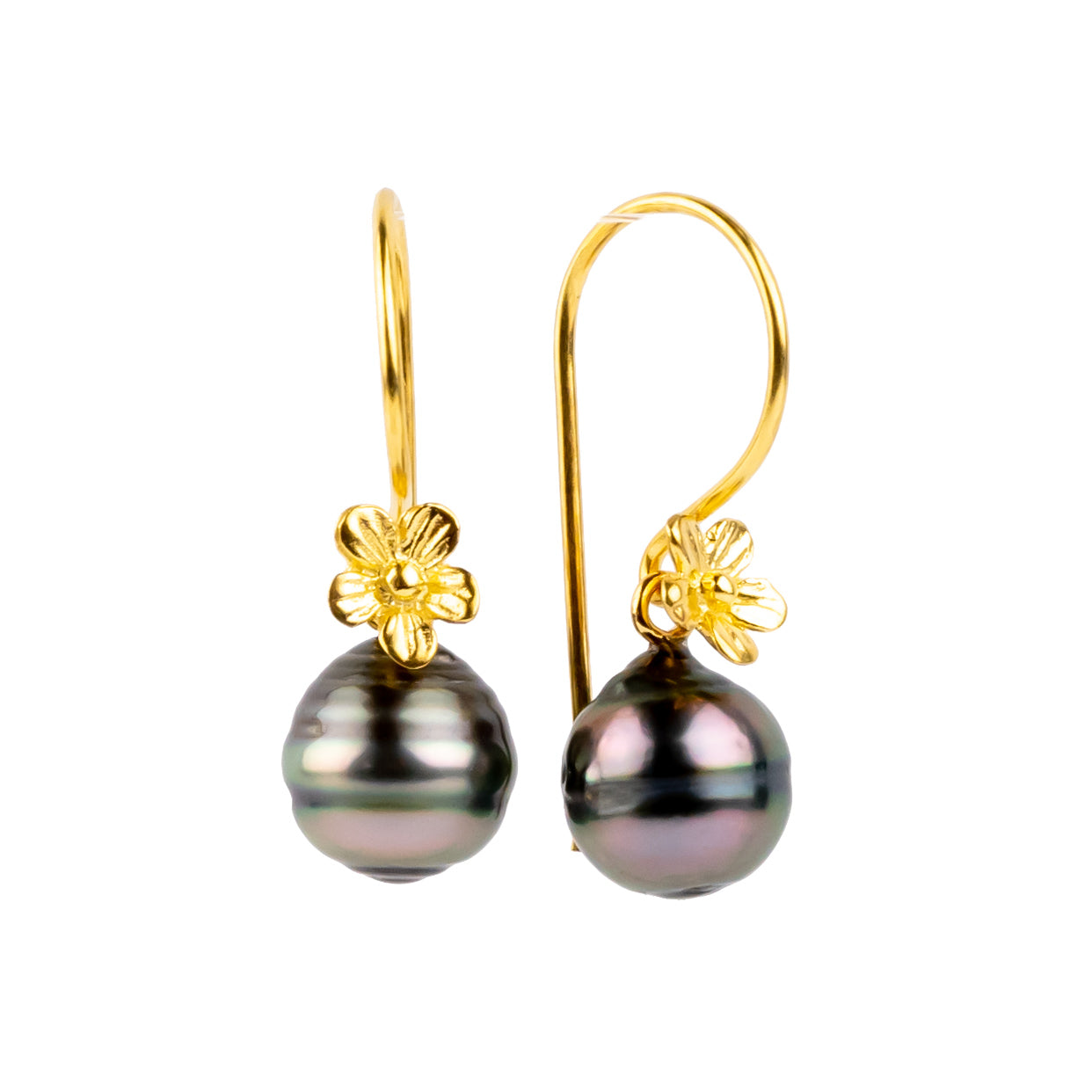 Pink Green Circled Tahitian Pearl Hibiscus Hook Earrings
