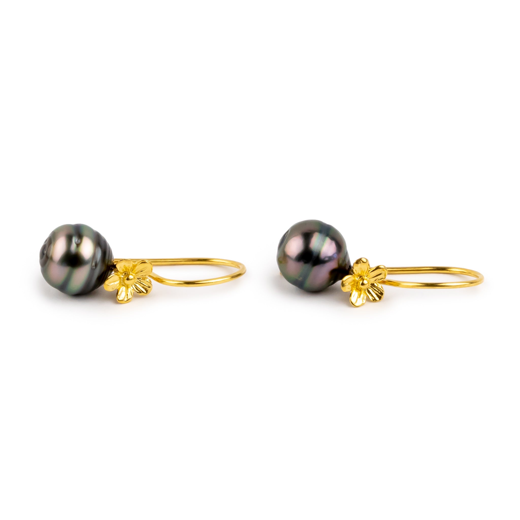 Pink Green Circled Tahitian Pearl Hibiscus Hook Earrings