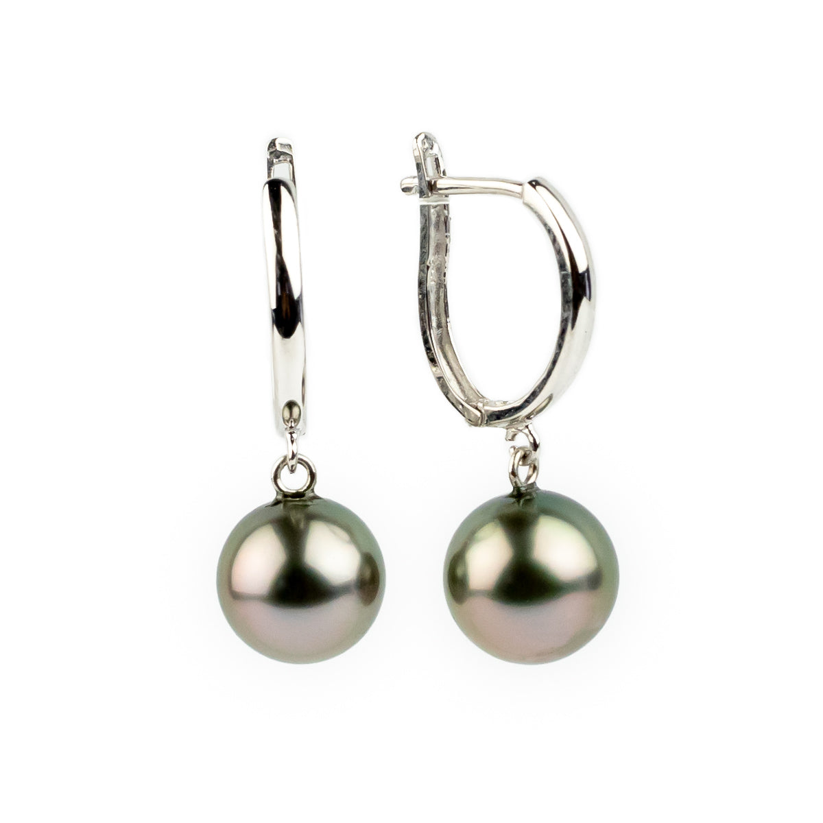 Pink Green 8.2mm Tahitian U-Hoop Earrings on 14k White Gold