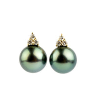 Sea Green Tahitian Pearl & Diamond Toru Earrings on 14K Yellow Gold