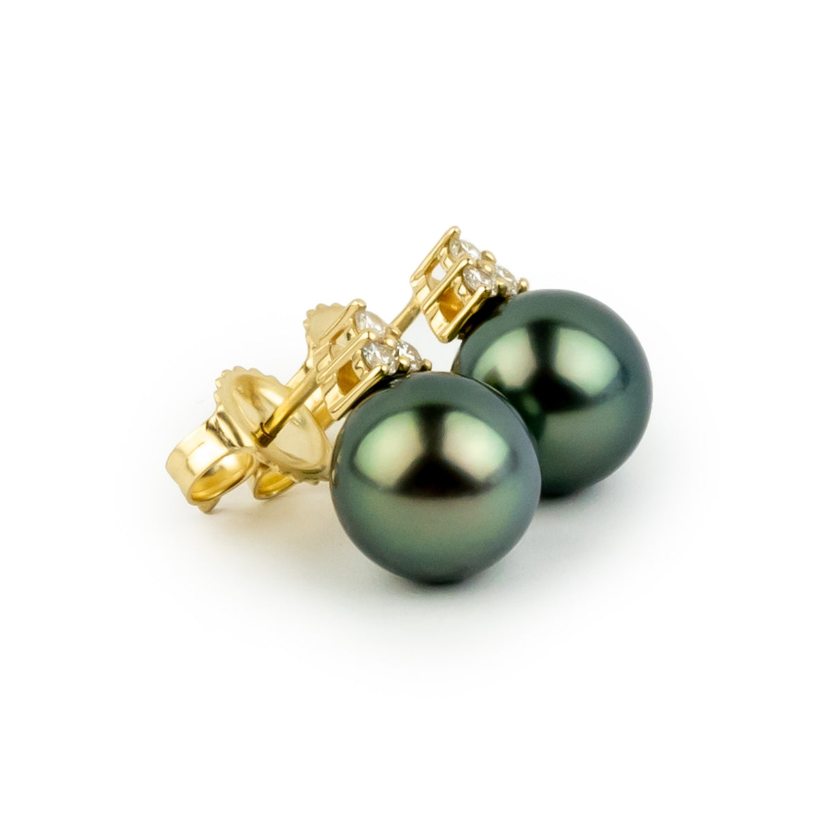 Sea Green Tahitian Pearl & Diamond Toru Earrings on 14K Yellow Gold