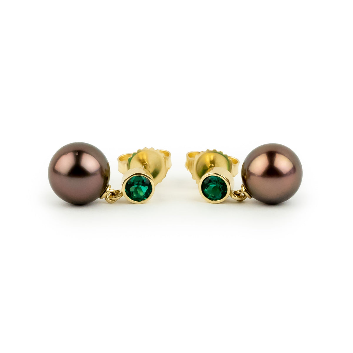 Tahitian Pearl & Emerald Nova Earrings on 14K Yellow Gold
