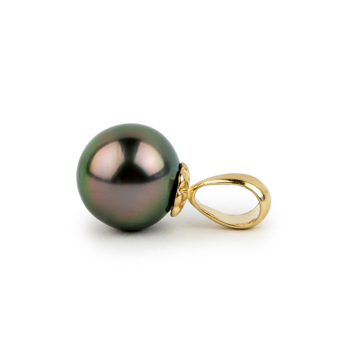 Flashy Aubergine Green 10.1mm Tahitian Pearl Pendant on 14k Yellow Gold