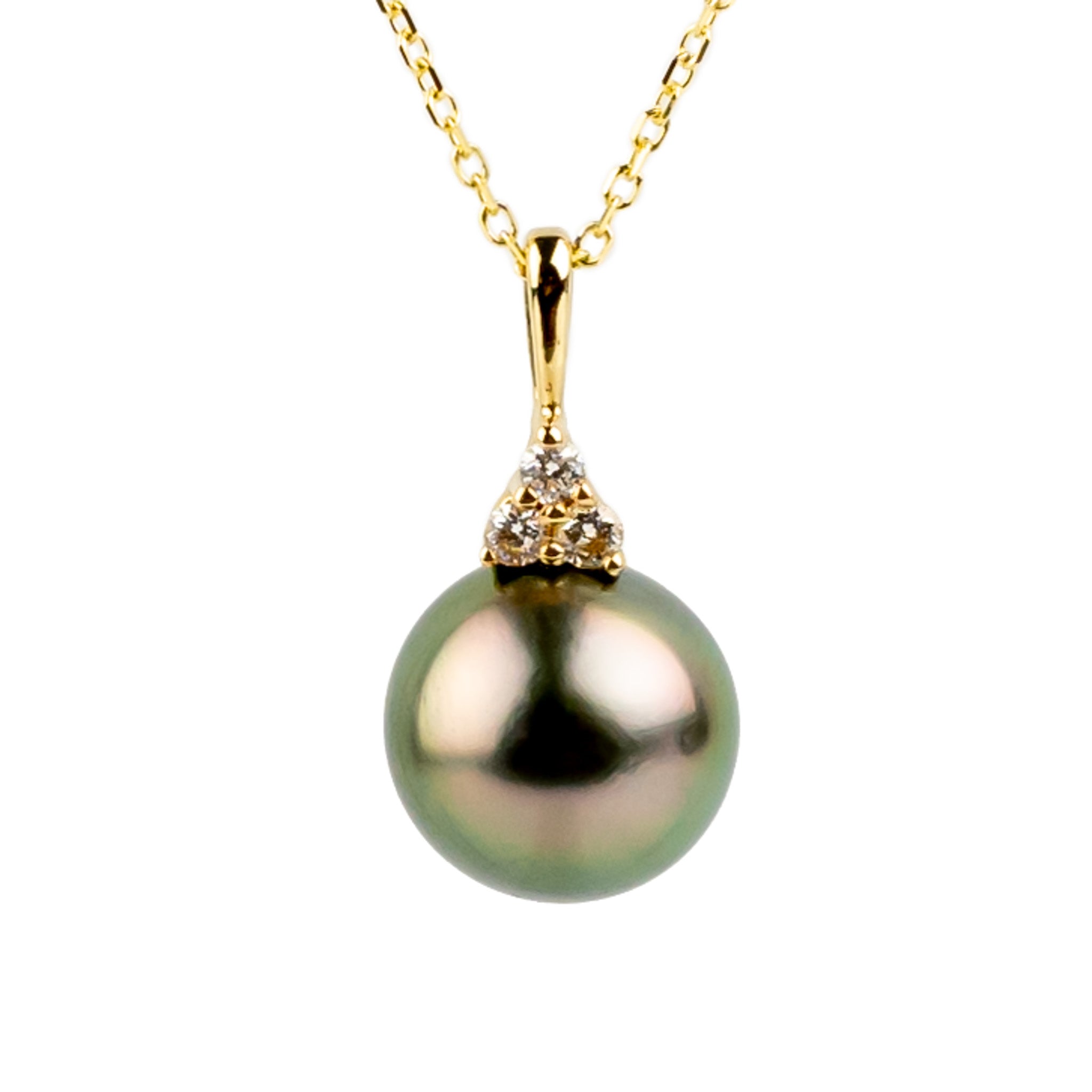 Vibrant Pink Green Tahitian Pearl & Diamond Toru Necklace on 14K Yellow Gold