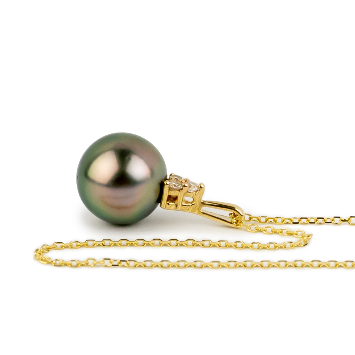 Vibrant Pink Green Tahitian Pearl & Diamond Toru Necklace on 14K Yellow Gold