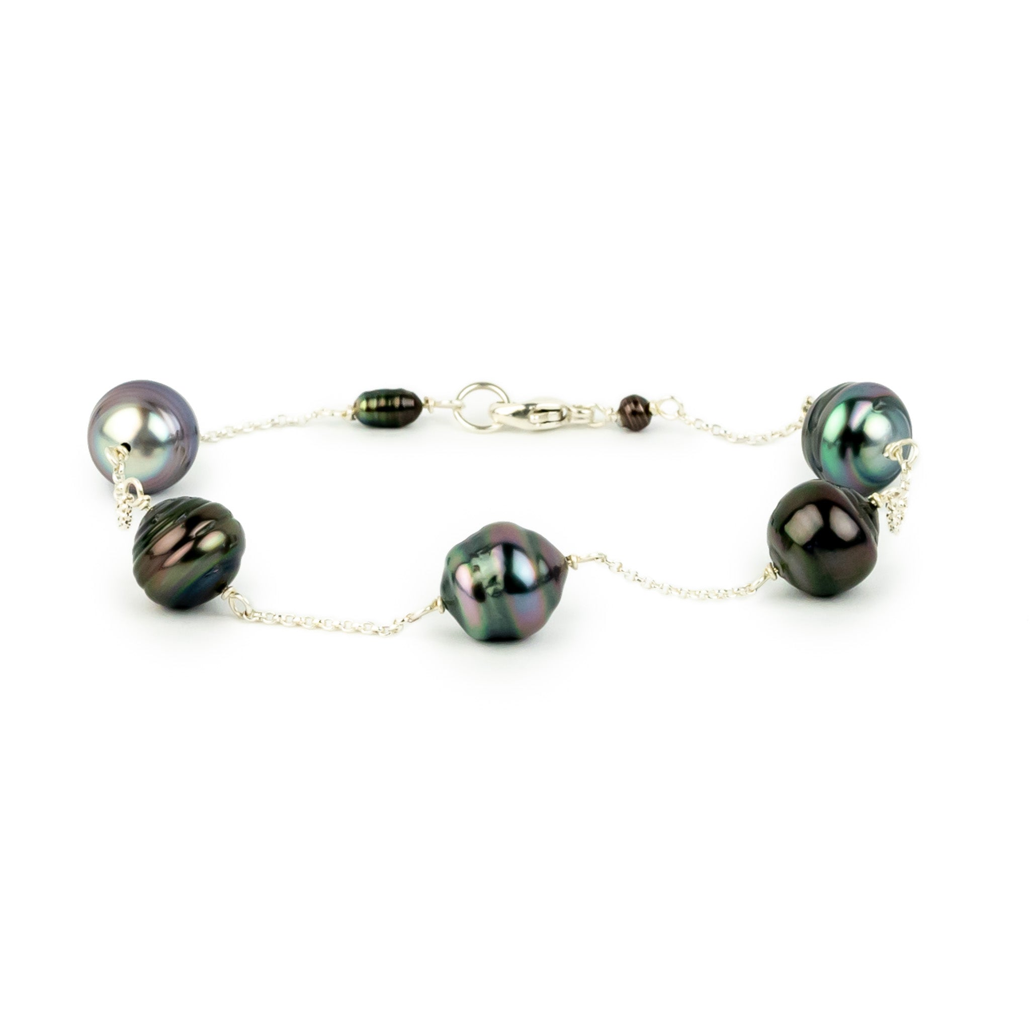 Dark Kaleidoscopic Tin-Cup Tahitian Pearl Bracelet on Sterling Silver