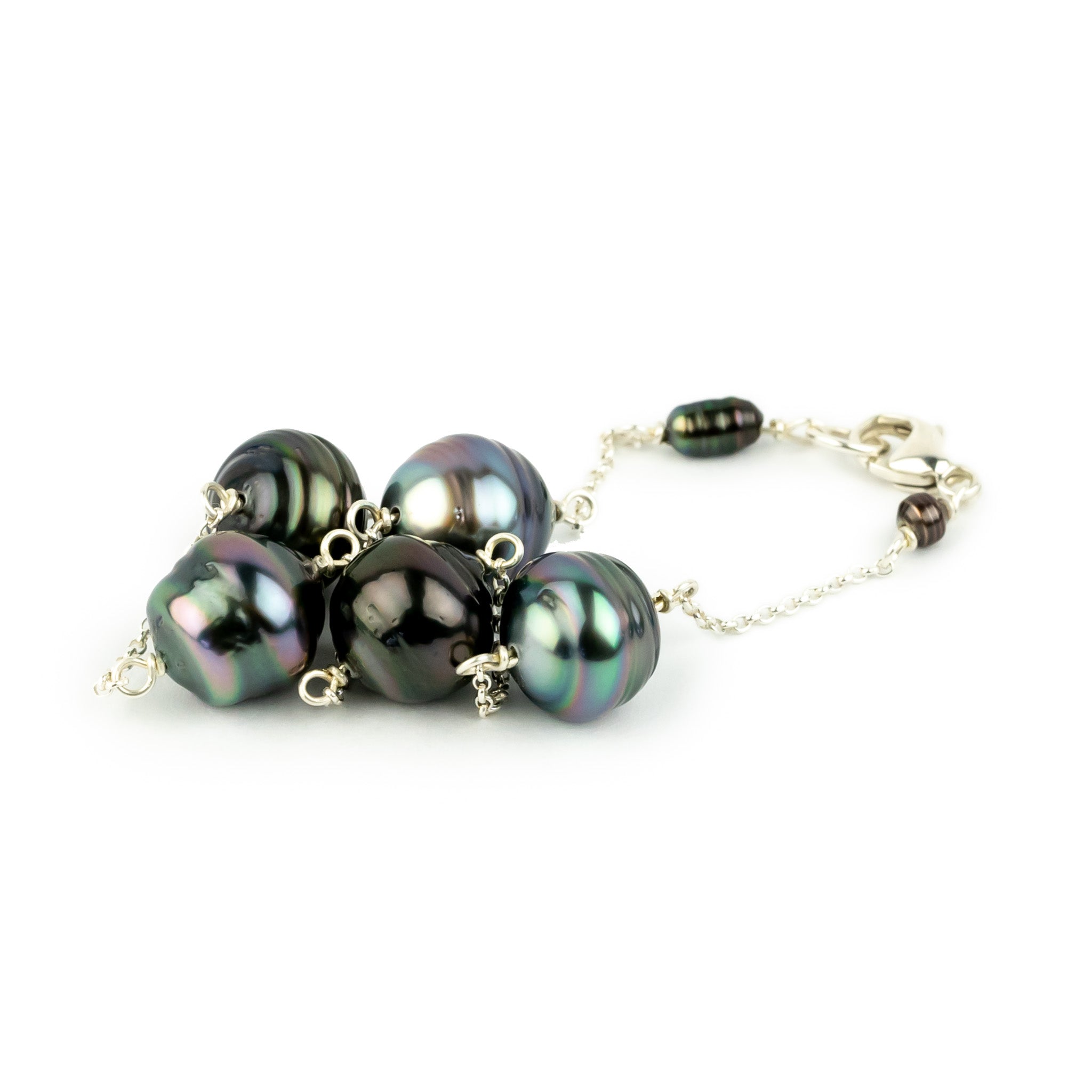 Dark Kaleidoscopic Tin-Cup Tahitian Pearl Bracelet on Sterling Silver