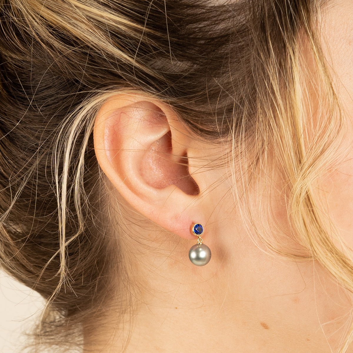 Tahitian Pearl & Sapphire Nova Earrings on 14K Yellow Gold