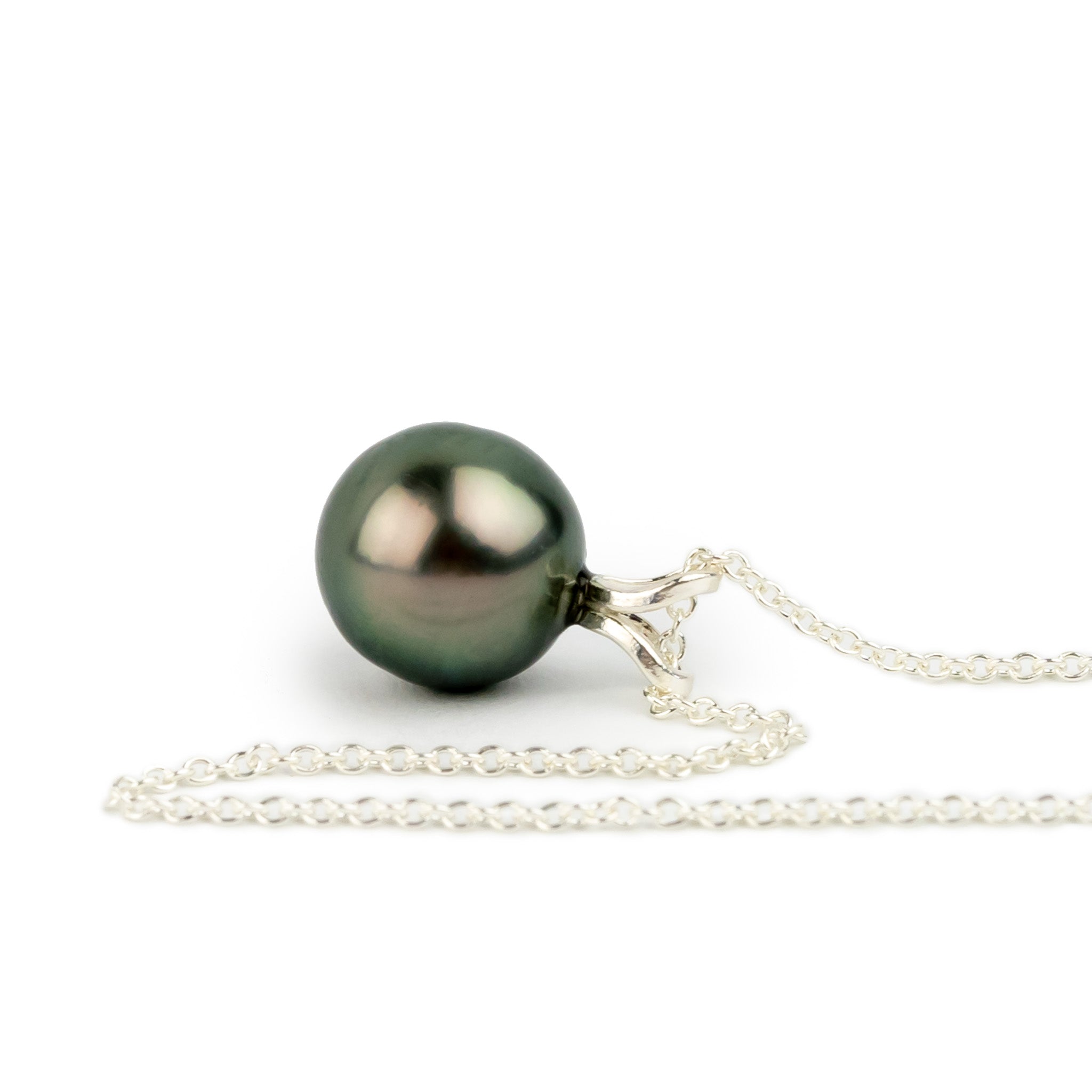 Pink Green 9.3mm Tahitian Pearl I'a Necklace on Sterling Silver