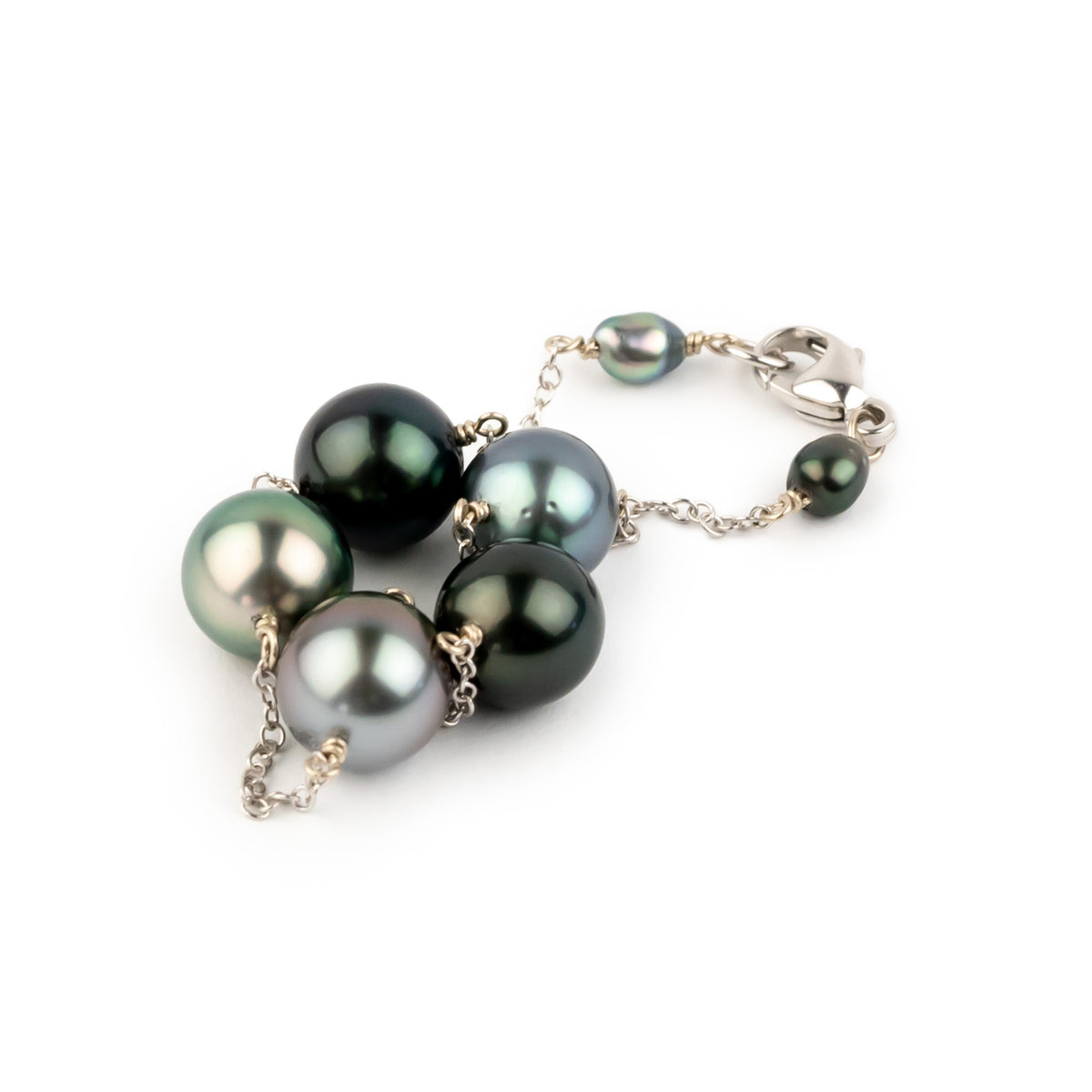 Ebony & Pastel Tahitian Pearl Tin Cup Bracelet on 14k White Gold