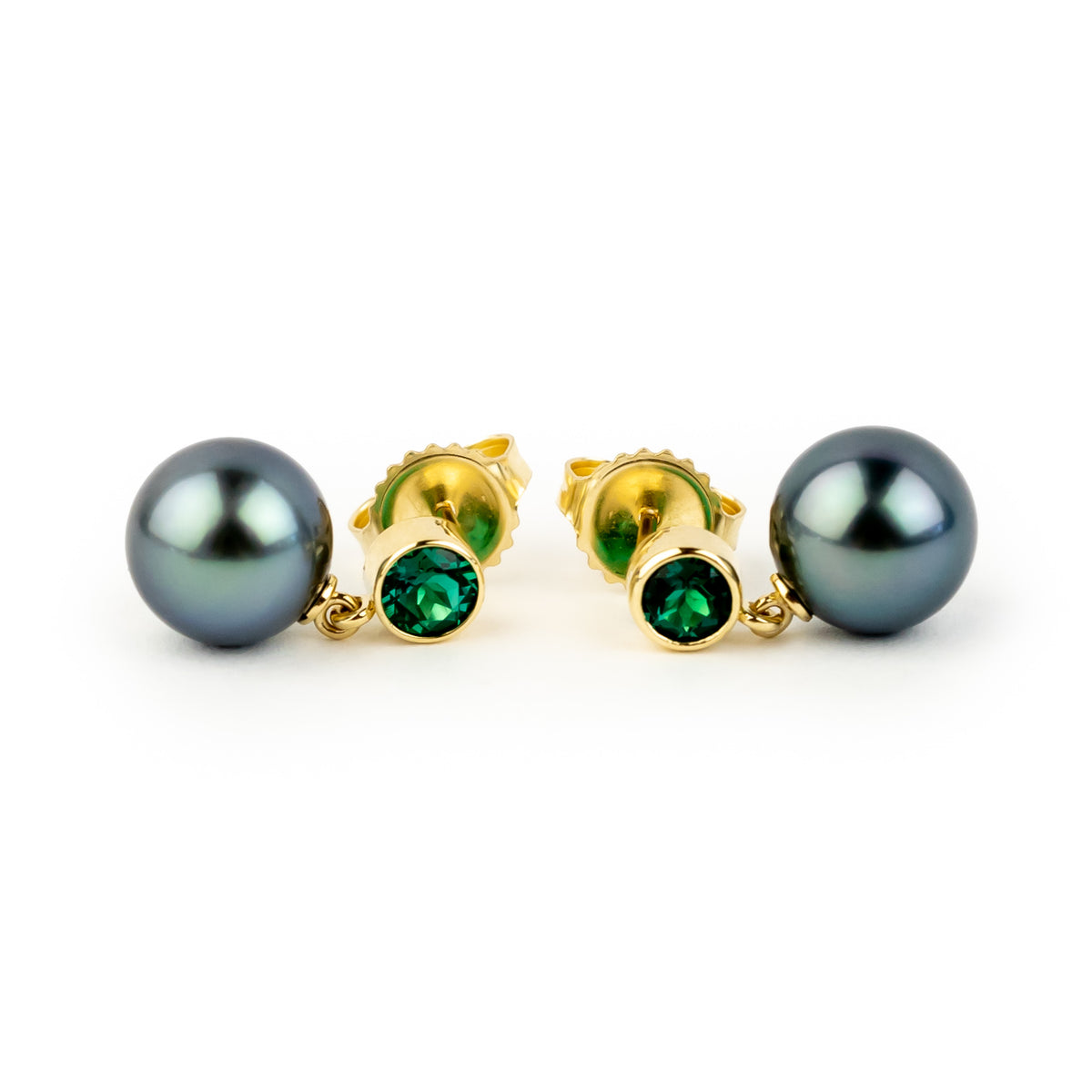 Tahitian Pearl & Emerald Nova Earrings on 14K Yellow Gold