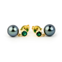 Tahitian Pearl & Emerald Nova Earrings on 14K Yellow Gold