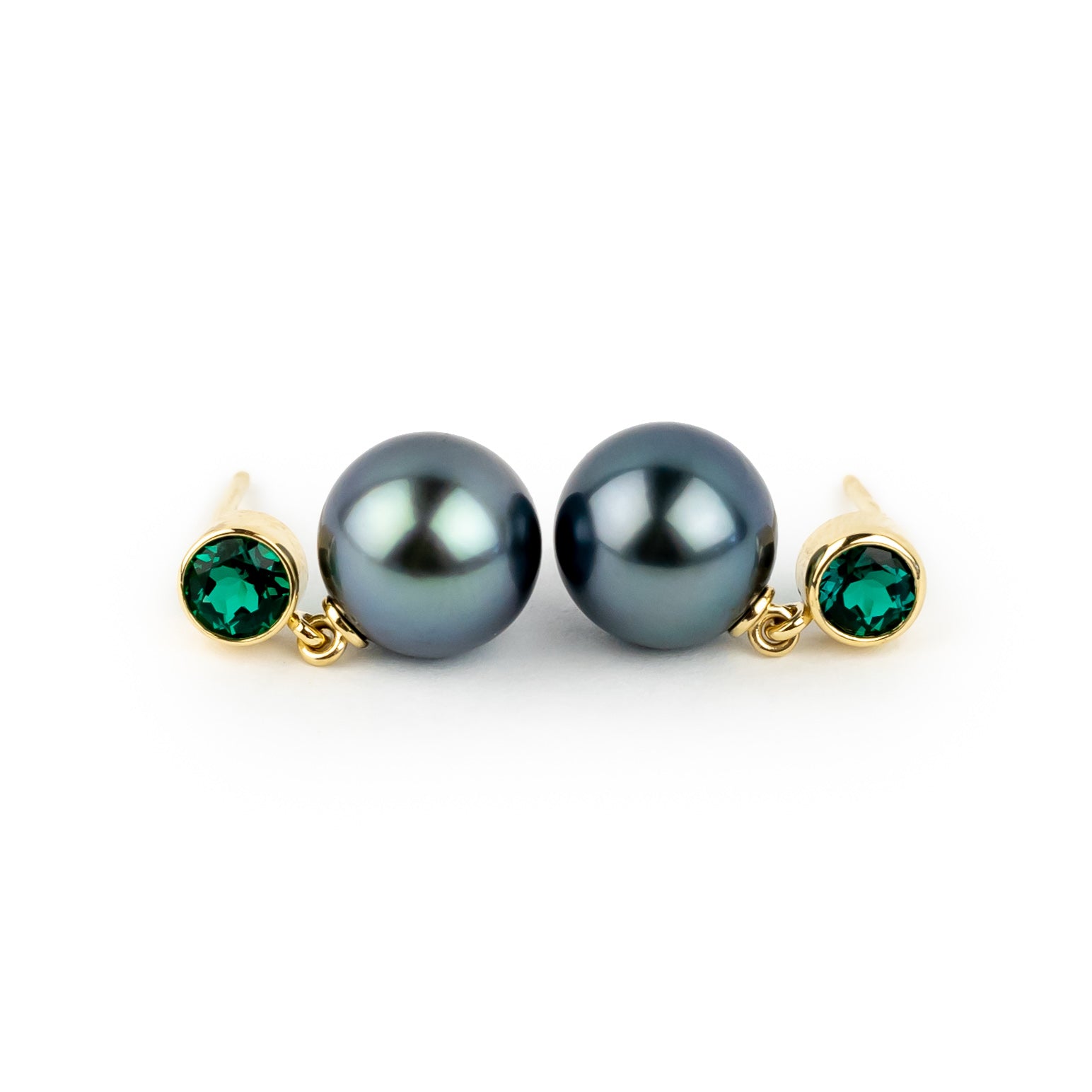 Tahitian Pearl & Emerald Nova Earrings on 14K Yellow Gold