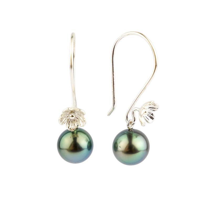 Blue-Green Tahitian Pearl Hibiscus Hook Earrings