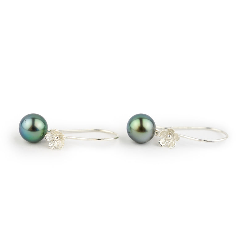 Blue-Green Tahitian Pearl Hibiscus Hook Earrings