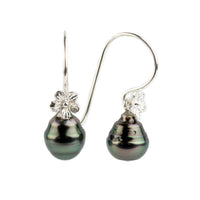 Plum Green Circled Tahitian Pearl Hibiscus Hook Earrings