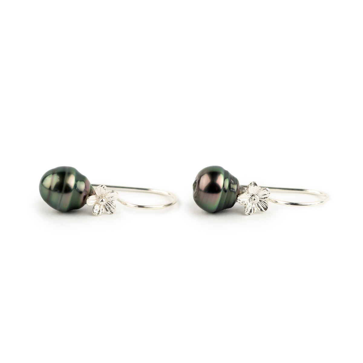 Plum Green Circled Tahitian Pearl Hibiscus Hook Earrings
