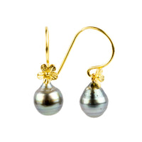 Iridescent Blue Circled Tahitian Pearl Hibiscus Hook Earrings