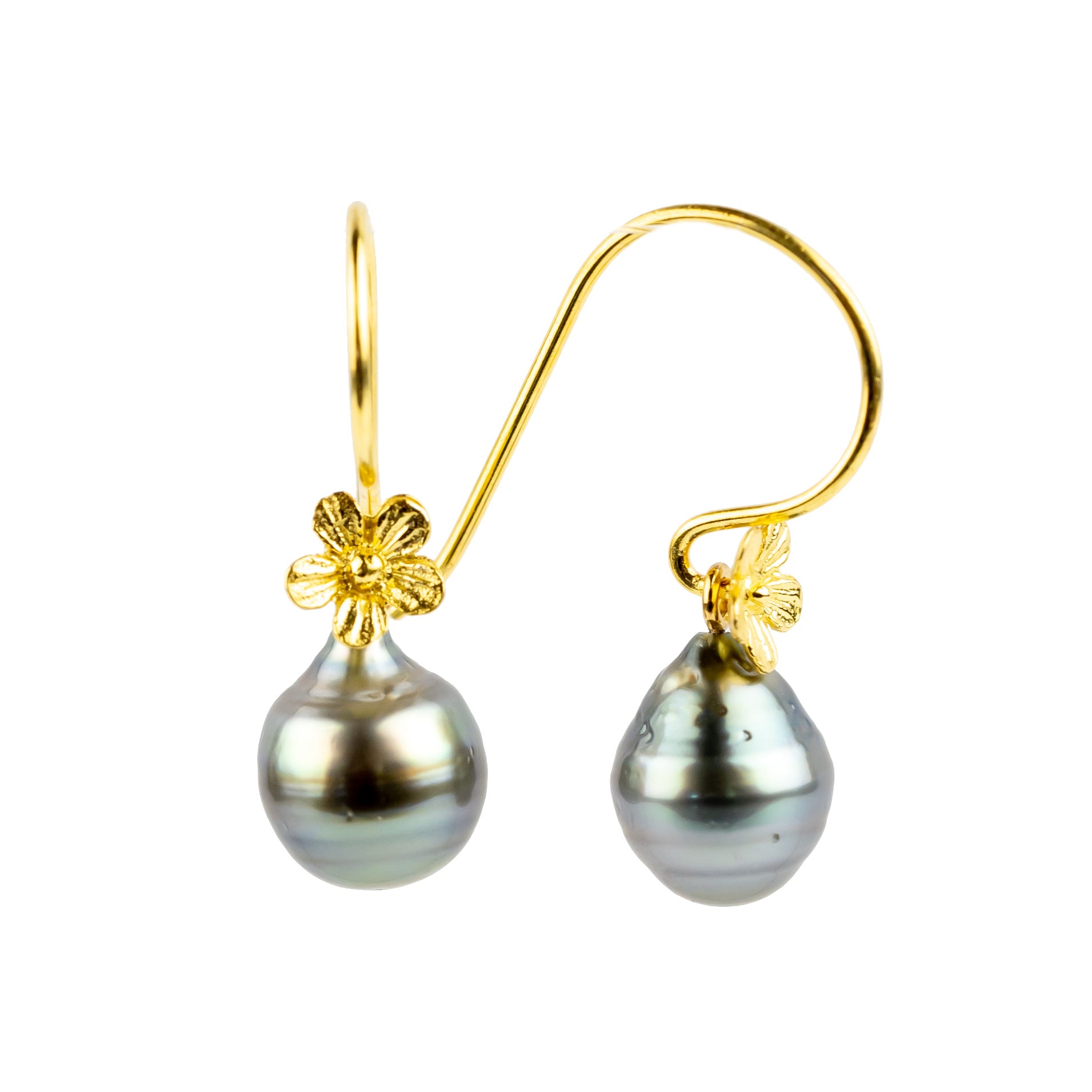 Iridescent Blue Circled Tahitian Pearl Hibiscus Hook Earrings