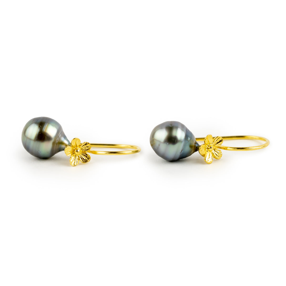 Iridescent Blue Circled Tahitian Pearl Hibiscus Hook Earrings