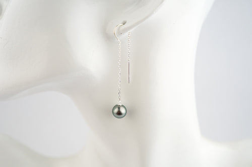 Light Silvery Blue Tahitian Pearl Chain Threader Dangle Earrings