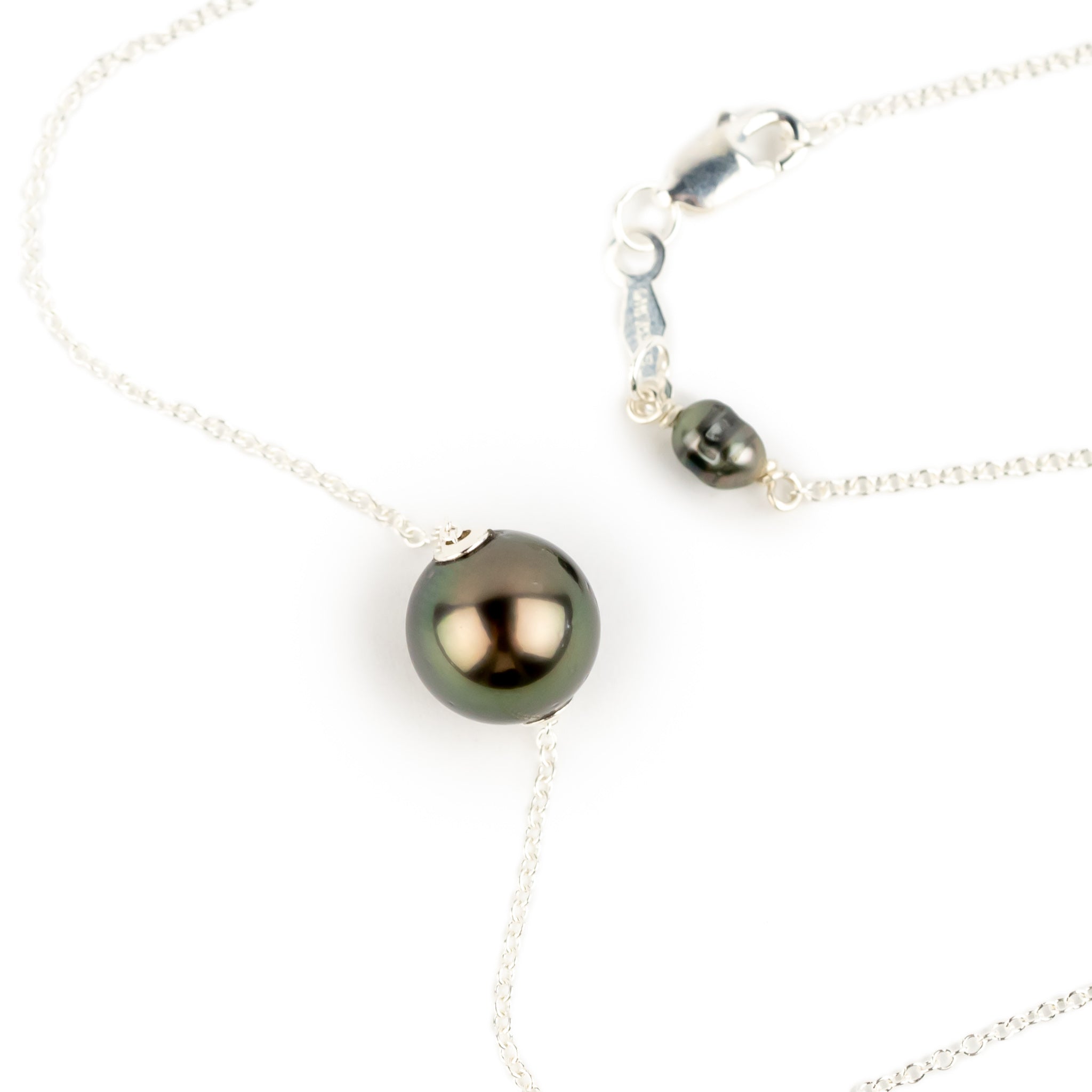 Golden Aubergine Green 9.4mm Tahitian Pearl Solitaire Necklace on Sterling Silver