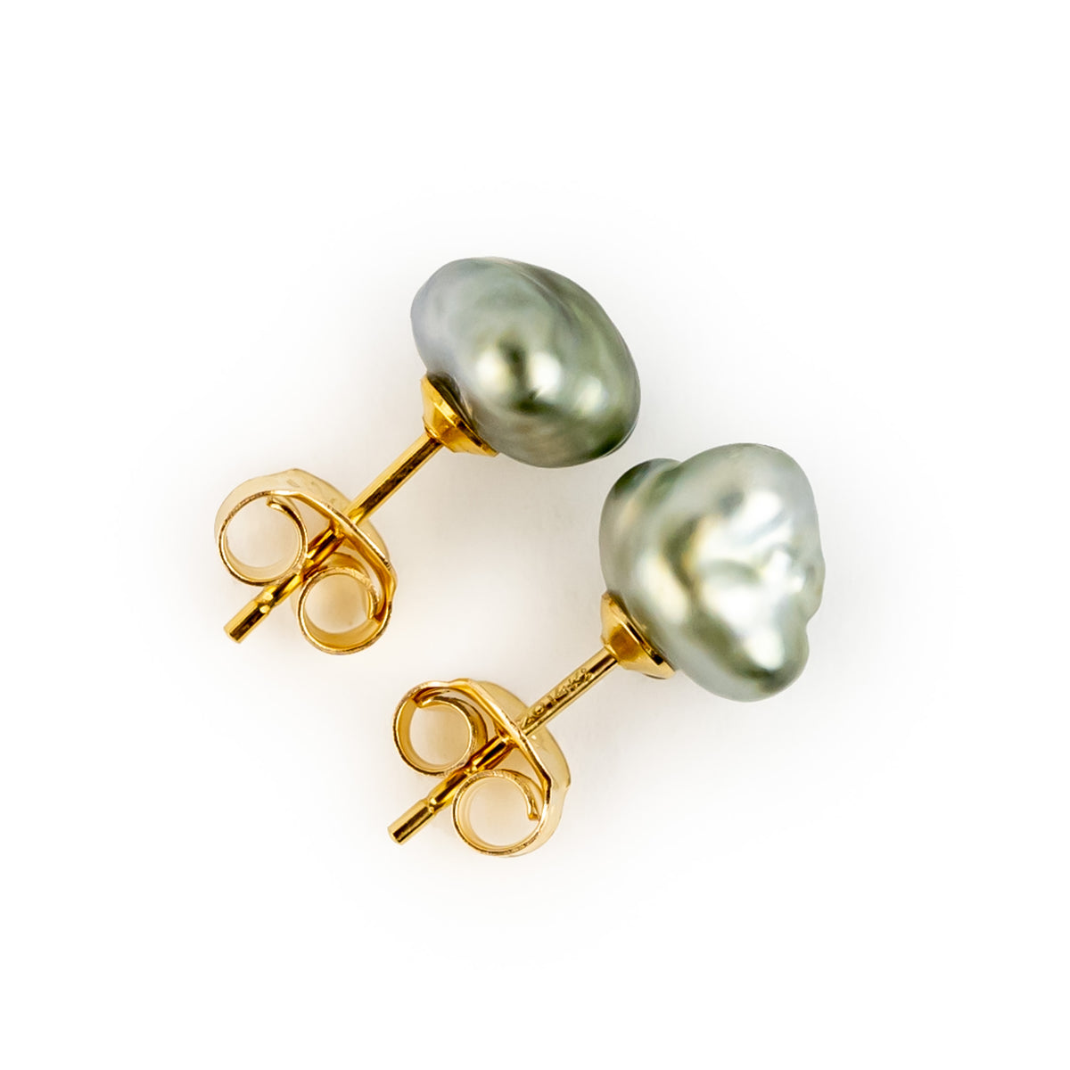 Silvery Green Keshi Pearl Stud Earrings