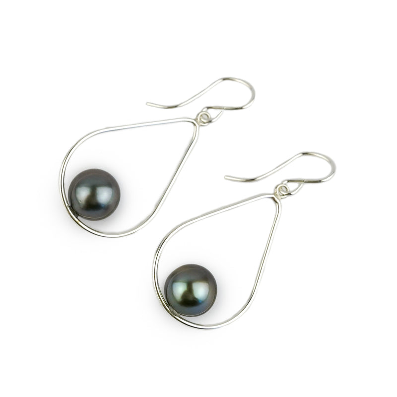 Lavender-Blue Tahitian Pearl Teardrop Dangle Earrings on Sterling Silver