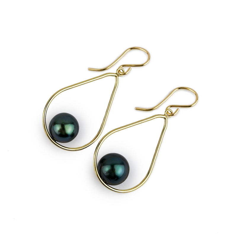 Deep Indigo Tahitian Pearl Teardrop Dangle Earrings