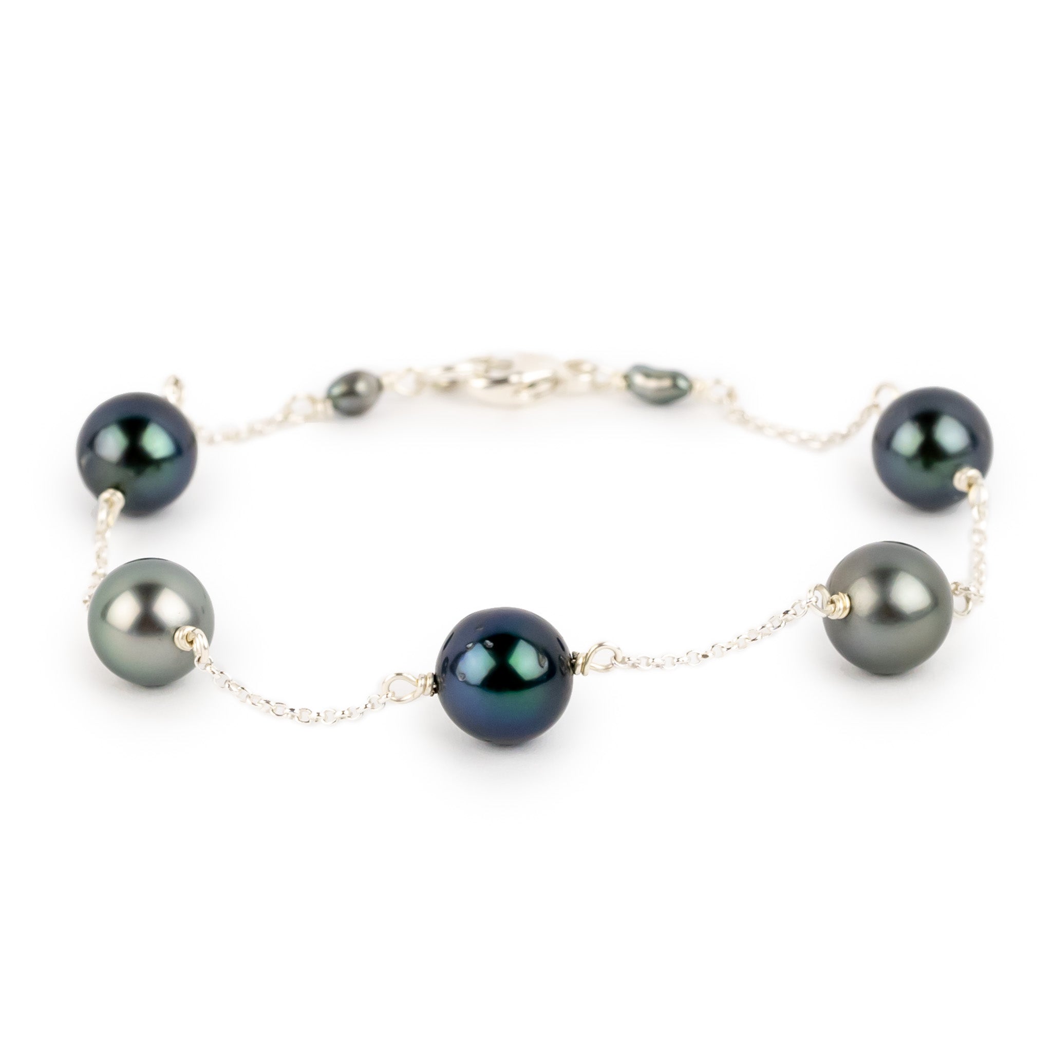 Silvery Indigo Tahitian Pearl Tin Cup Bracelet on Sterling Silver