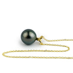 Deep Indigo-Green 9.5mm Tahitian Pearl I'a Necklace on 14K Yellow Gold