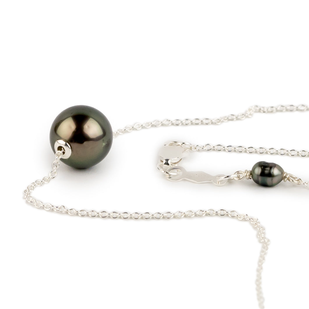 Golden Aubergine Green 9.4mm Tahitian Pearl Solitaire Necklace on Sterling Silver