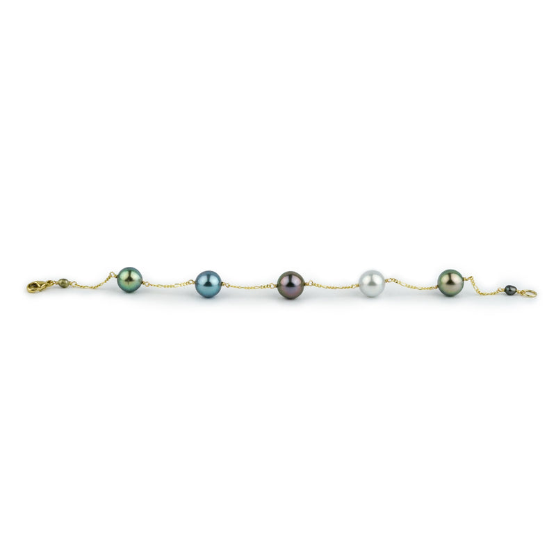 Multi-Colorful Flash Tahitian Pearl Tin Cup Bracelet on 14K Gold