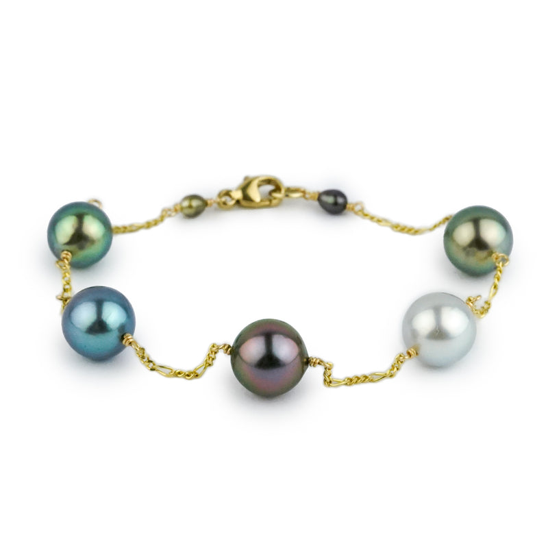 Multi-Colorful Flash Tahitian Pearl Tin Cup Bracelet on 14K Gold