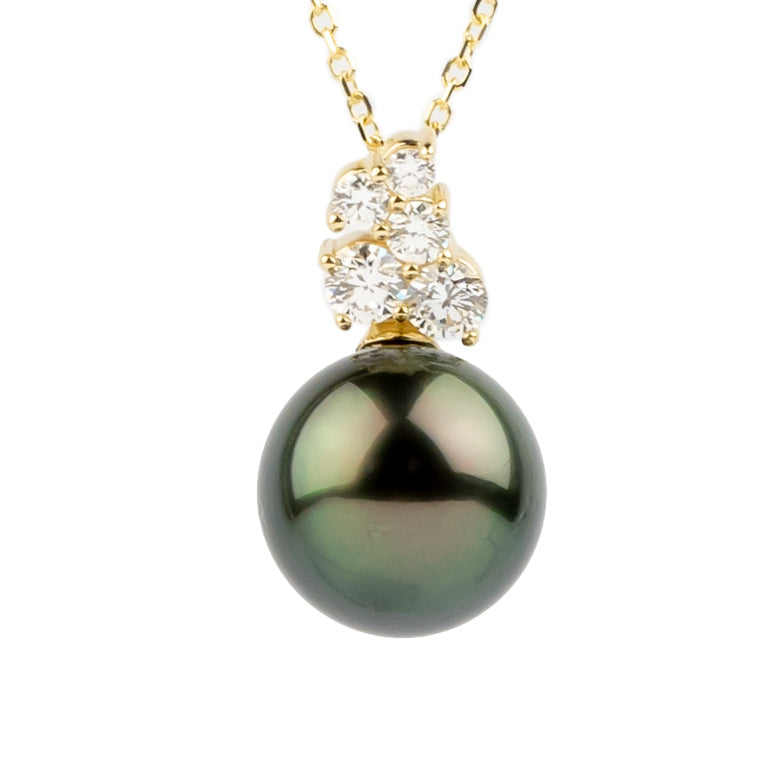Peacock Green Pearl & Diamond Asteria Necklace on 14K Yellow Gold