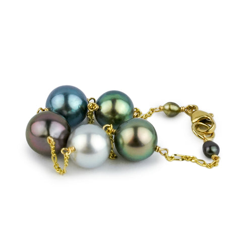 Multi-Colorful Flash Tahitian Pearl Tin Cup Bracelet on 14K Gold