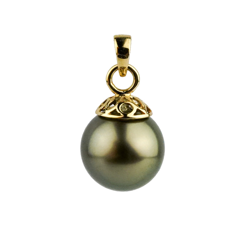 Dark Golden Green 10mm Tahitian Pearl Filigree Pendant