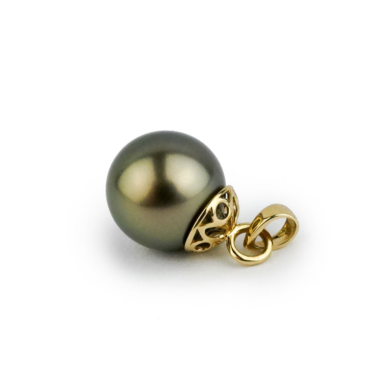 Dark Golden Green 10mm Tahitian Pearl Filigree Pendant