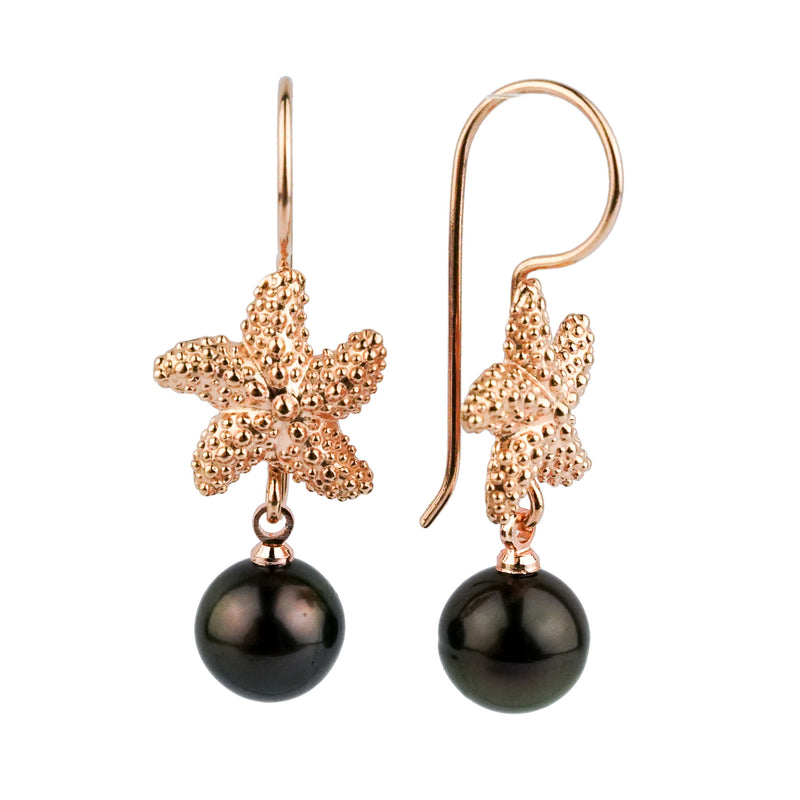 Black Tahitian Pearl Starfish Hook Earrings