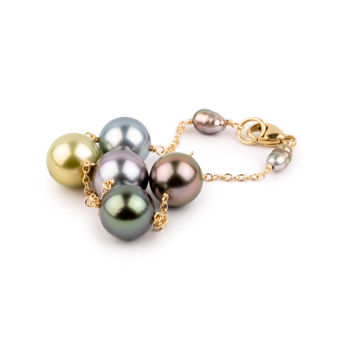 Spring Bouquet Tahitian Pearl Tin Cup Bracelet on 14K Yellow Gold
