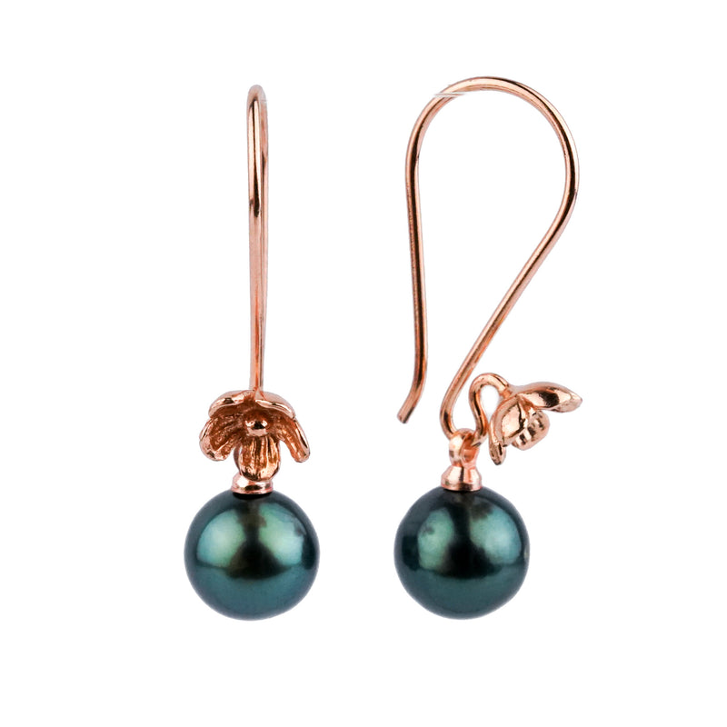 Deep Indigo Tahitian Pearl Hibiscus Hook Earrings