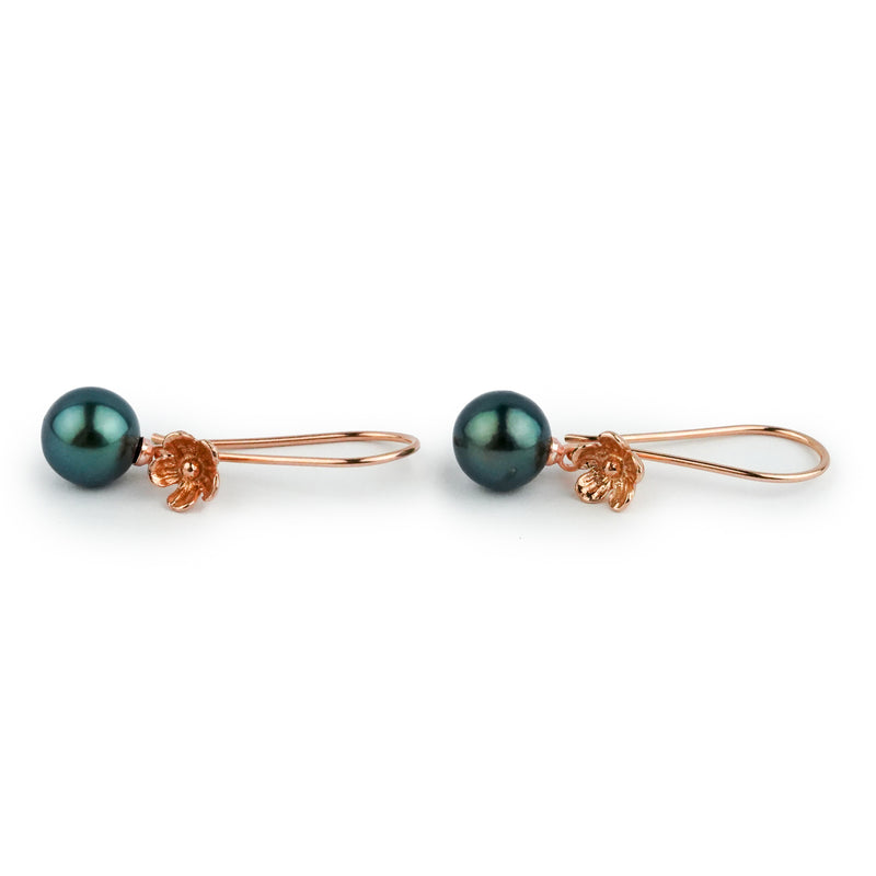 Deep Indigo Tahitian Pearl Hibiscus Hook Earrings