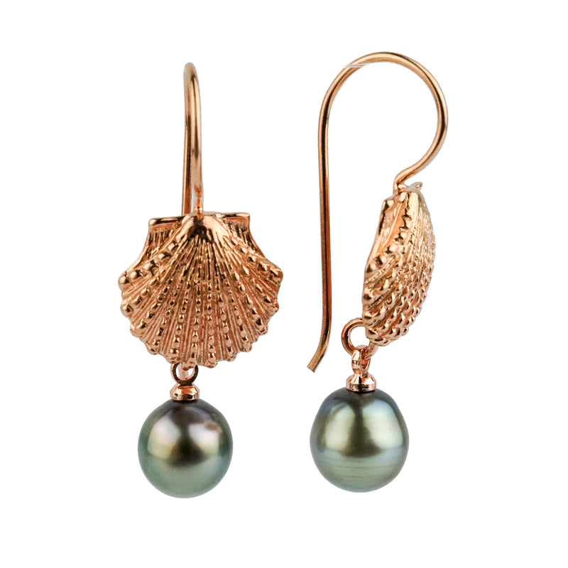 Golden Green Circled Tahitian Pearl Seashell Hook Earrings