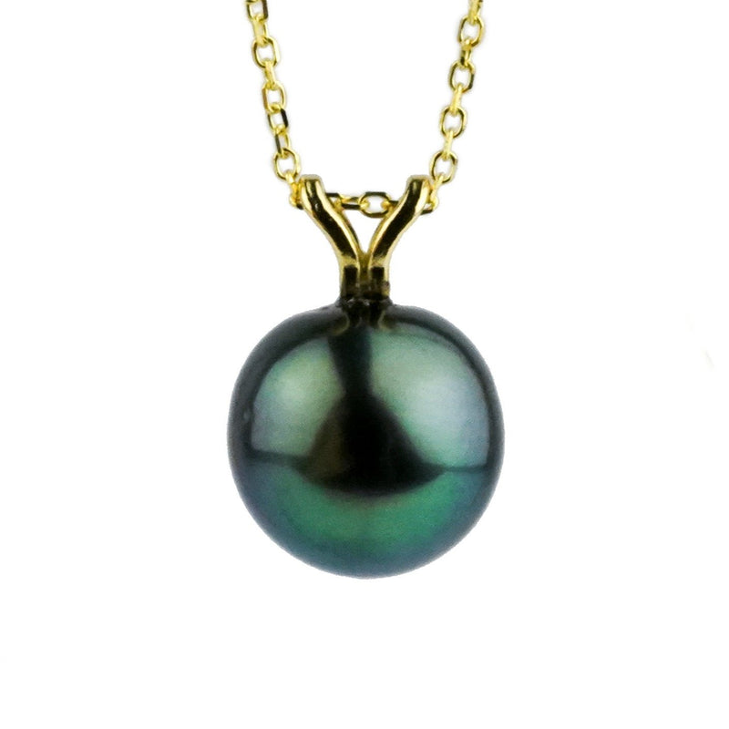 Dark Indigo-Green 10mm Tahitian Pearl I'a Necklace on 14K Yellow Gold