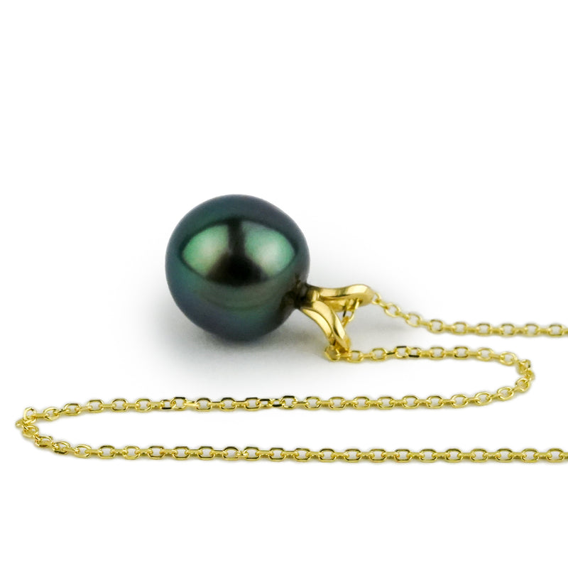 Dark Indigo-Green 10mm Tahitian Pearl I'a Necklace on 14K Yellow Gold