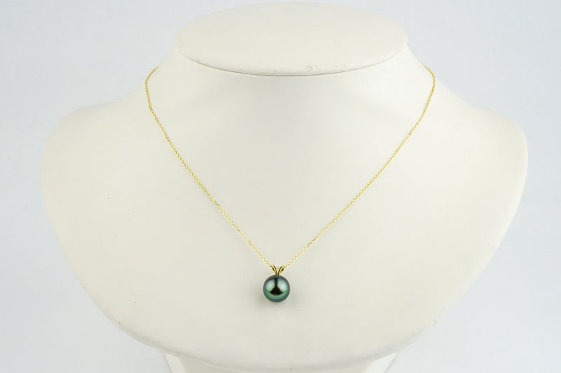 Dark Indigo-Green 10mm Tahitian Pearl I'a Necklace on 14K Yellow Gold