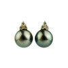 Deep Green Tahitian Pearl & Diamond Toru Earrings on 14K Yellow Gold