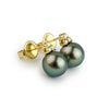 Deep Green Tahitian Pearl & Diamond Toru Earrings on 14K Yellow Gold