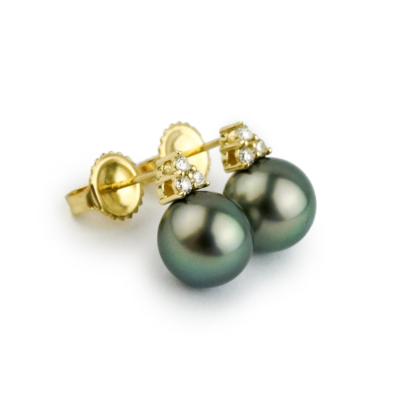 Deep Green Tahitian Pearl & Diamond Toru Earrings on 14K Yellow Gold